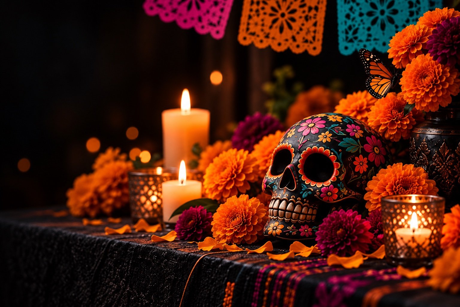 Calavera decorada, flores de cempasúchil y velas: arte y tradición de Día de Muertos
